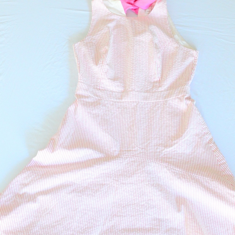 J. Crew Seersucker Fit-and-Flare Dress with Pink Ribbon Accent – Size 2